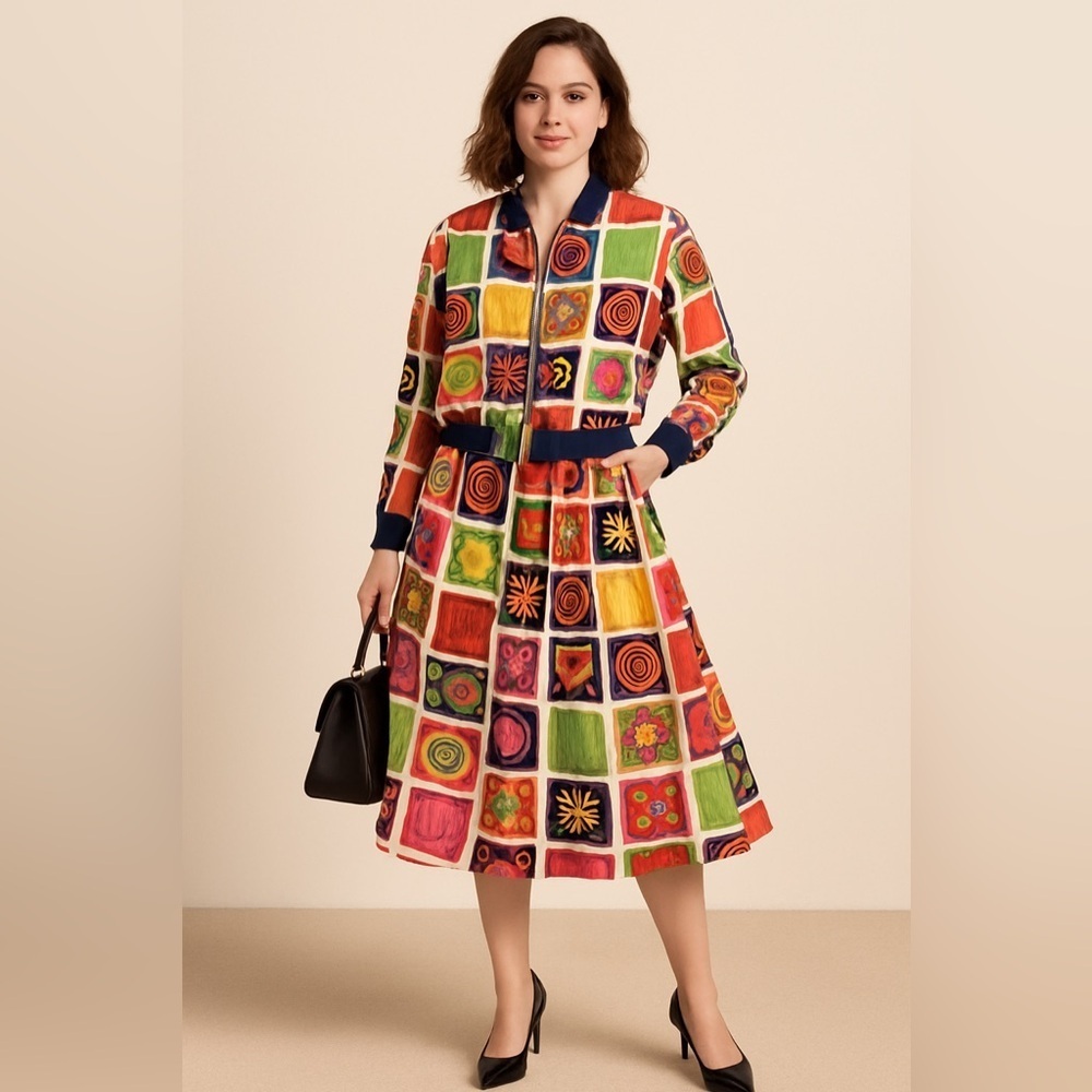 Chaus Women’s vintage retro 80’s abstract colorblock bomber jacket/skirt set Lrg